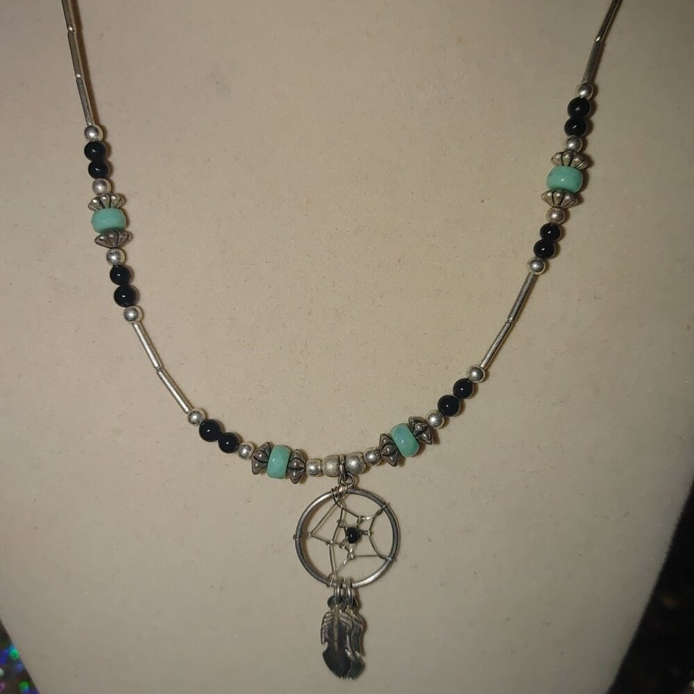 Vintage Native Dreamcatcher Pendant Necklace Liquid Silver 925 Black Turquoise
